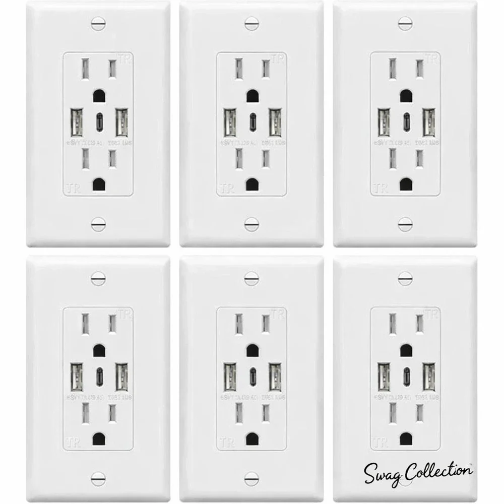 TopGreener TU21536AC3 6-Pack 15A USB A+C TR Outlet White UL Listed